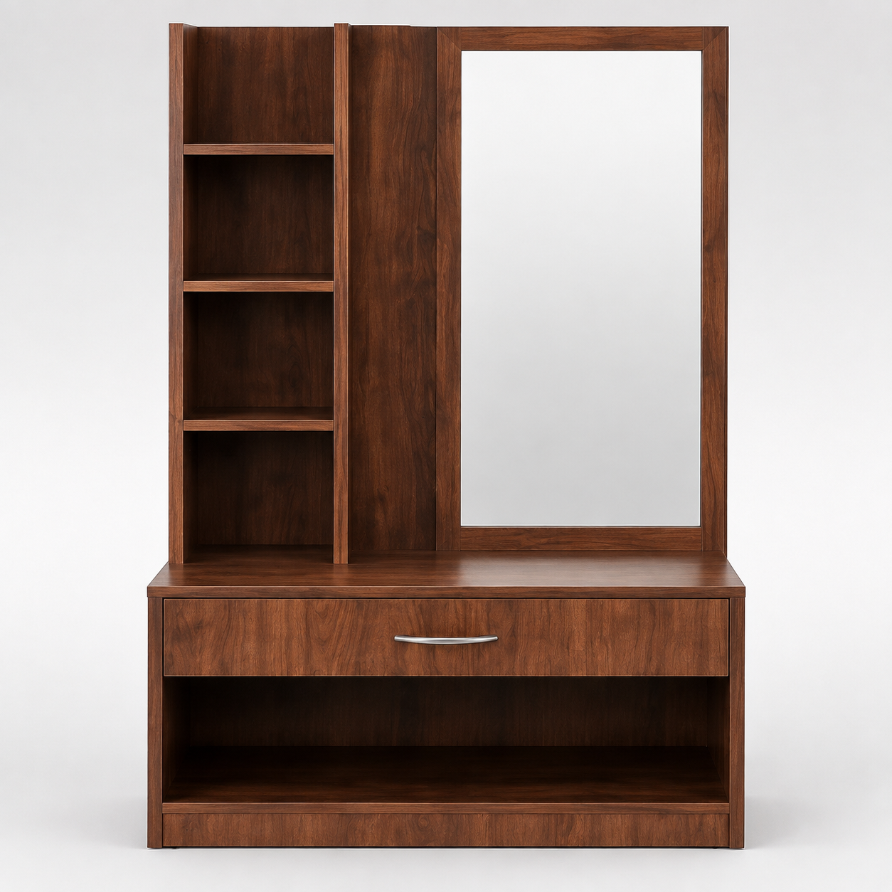 Modern Dressing Table with Tall Mirror, Four Open Side Shelves, Storage Drawer and Wide Bottom Shelf in Dark Brown Finish