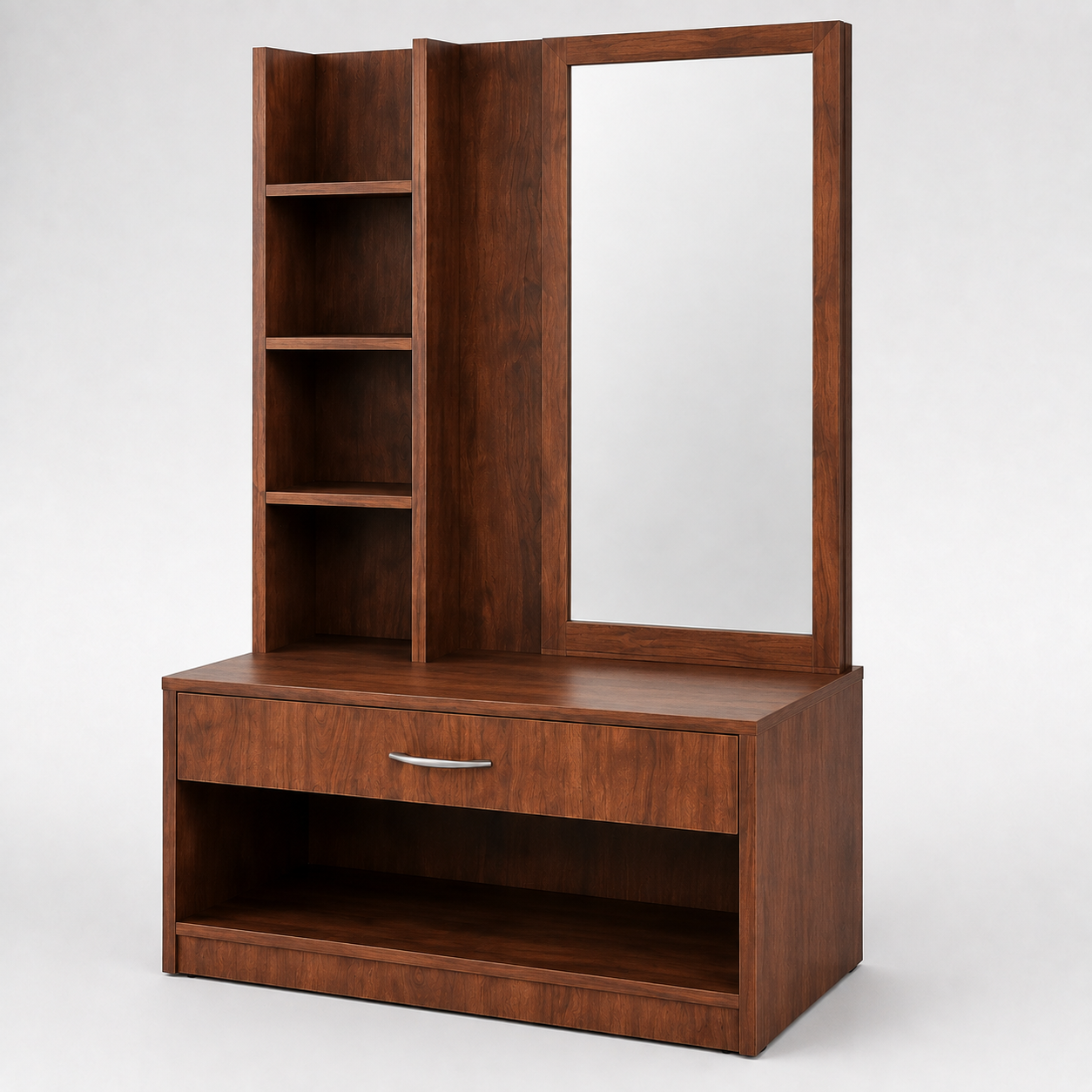 Modern Dressing Table with Tall Mirror, Four Open Side Shelves, Storage Drawer and Wide Bottom Shelf in Dark Brown Finish