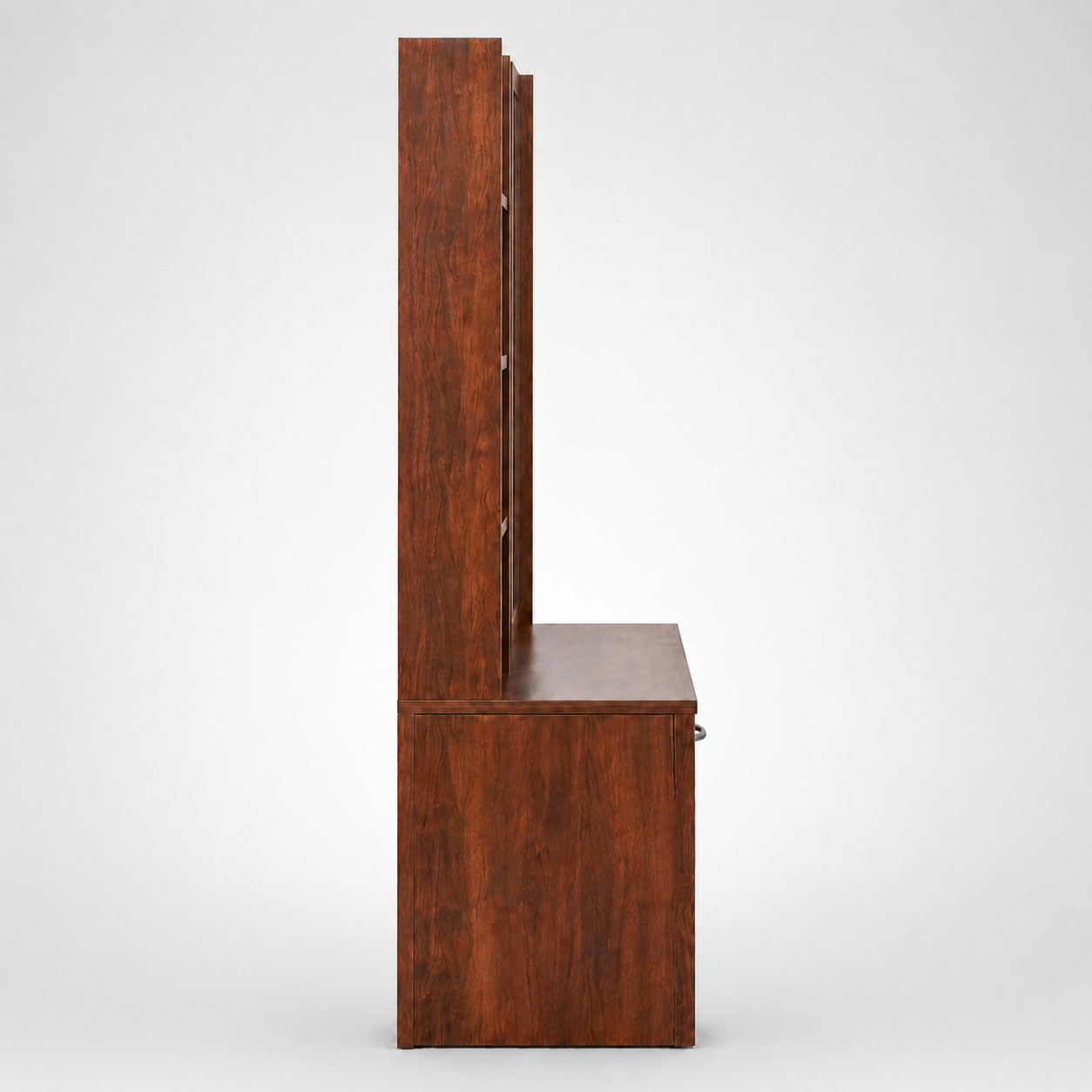 Modern Dressing Table with Tall Mirror, Four Open Side Shelves, Storage Drawer and Wide Bottom Shelf in Dark Brown Finish