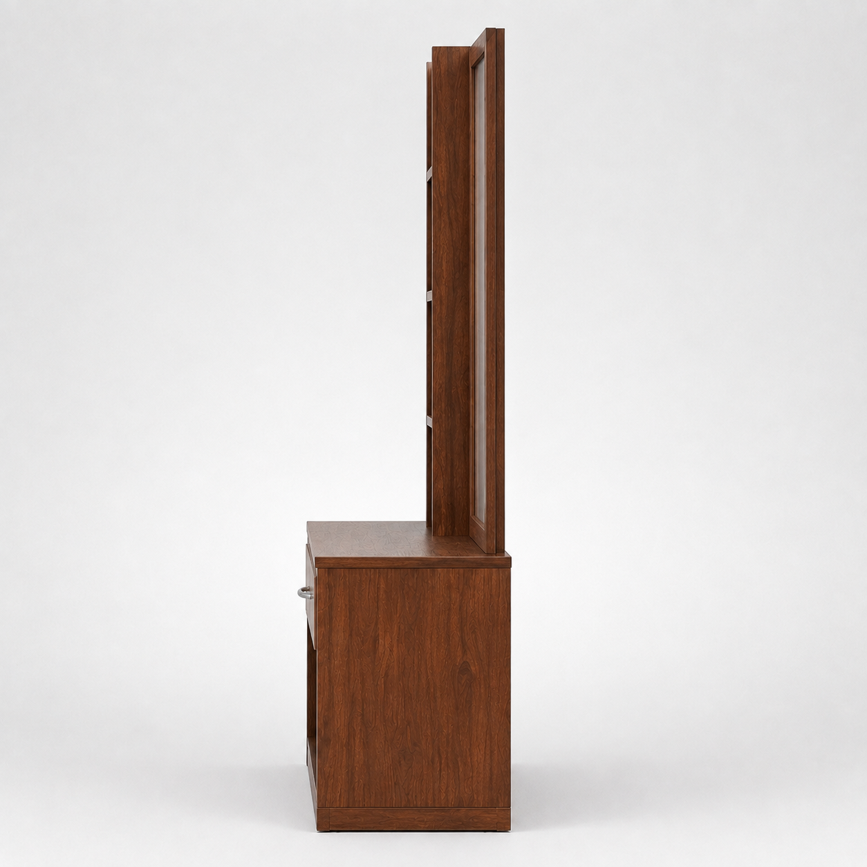 Modern Dressing Table with Tall Mirror, Four Open Side Shelves, Storage Drawer and Wide Bottom Shelf in Dark Brown Finish