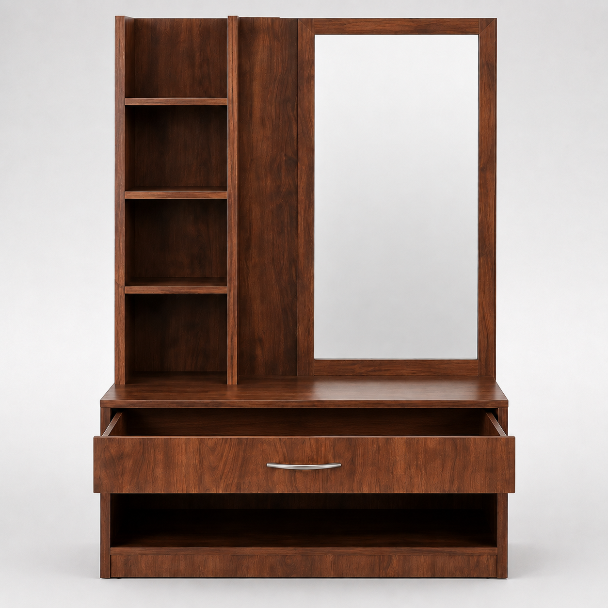 Modern Dressing Table with Tall Mirror, Four Open Side Shelves, Storage Drawer and Wide Bottom Shelf in Dark Brown Finish
