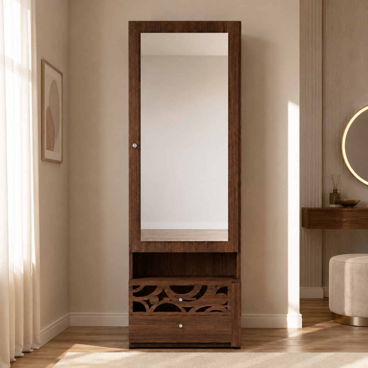 Modern Dressing Unit with Large Mirror Door, Open Shelf, Two Storage Drawers and Decorative Cutwork in Dark Brown Finish
