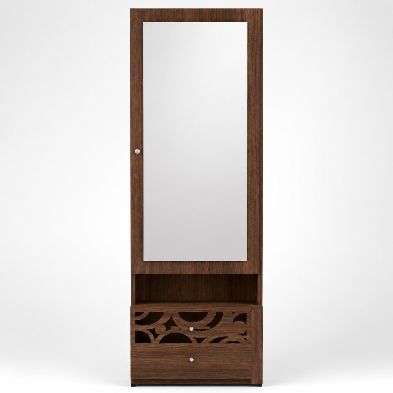 Modern Dressing Unit with Large Mirror Door, Open Shelf, Two Storage Drawers and Decorative Cutwork in Dark Brown Finish