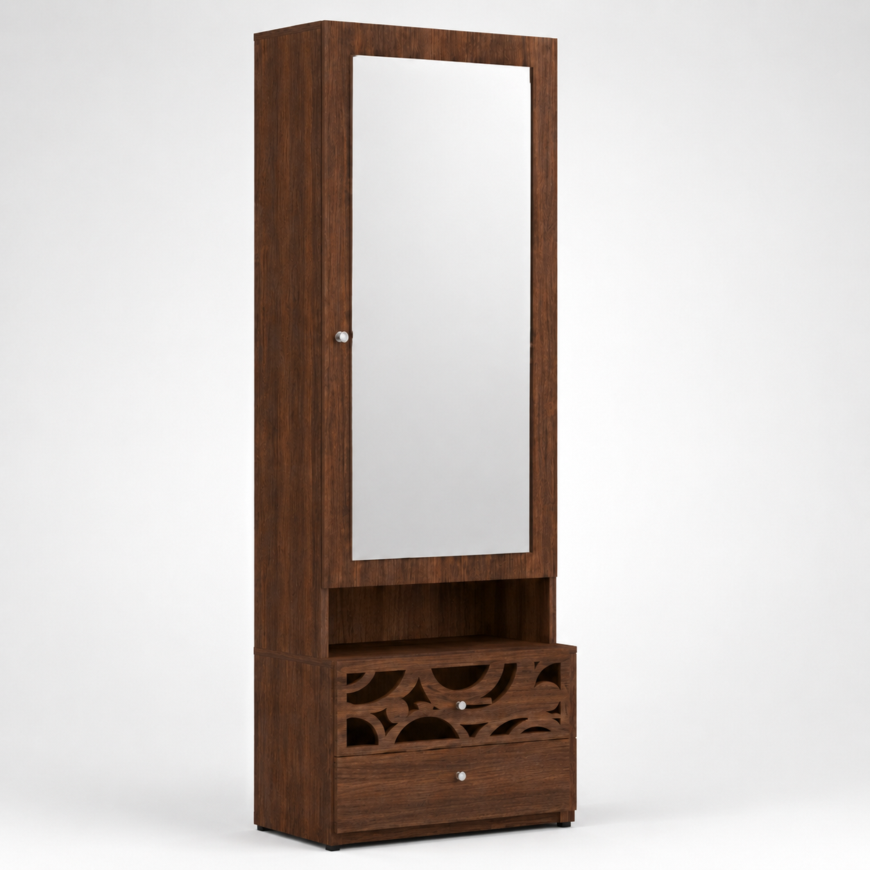 Modern Dressing Unit with Large Mirror Door, Open Shelf, Two Storage Drawers and Decorative Cutwork in Dark Brown Finish