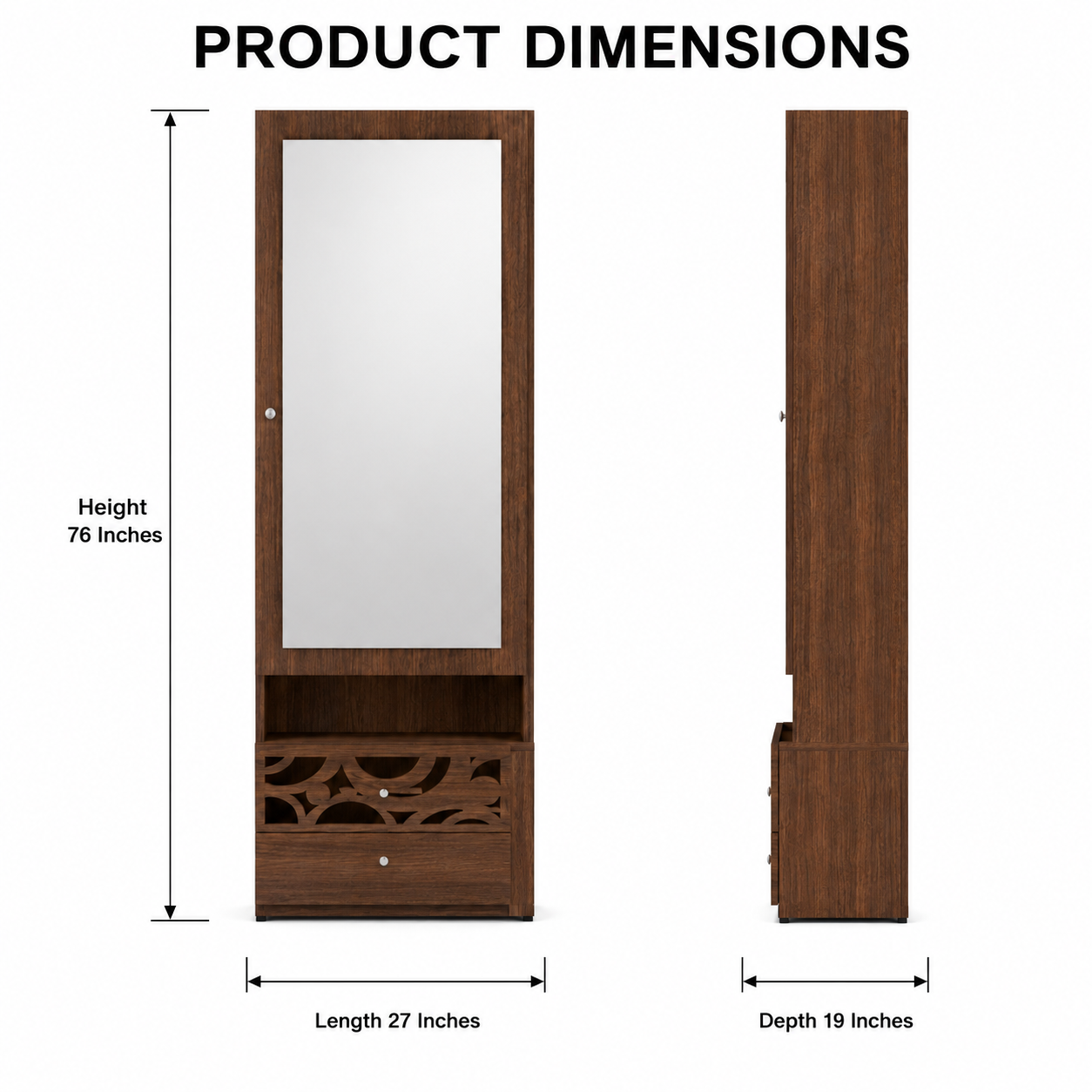 Modern Dressing Unit with Large Mirror Door, Open Shelf, Two Storage Drawers and Decorative Cutwork in Dark Brown Finish
