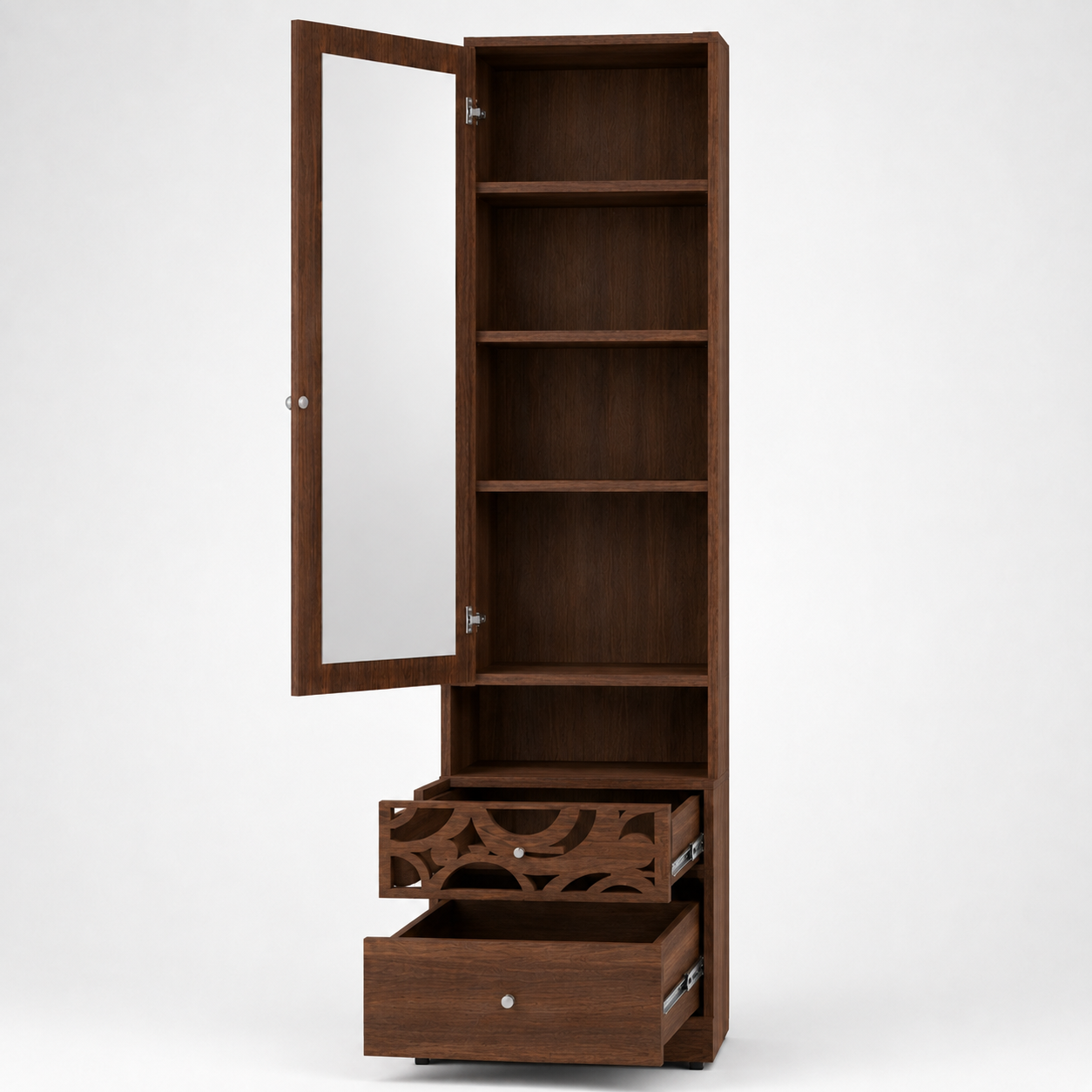 Modern Dressing Unit with Large Mirror Door, Open Shelf, Two Storage Drawers and Decorative Cutwork in Dark Brown Finish