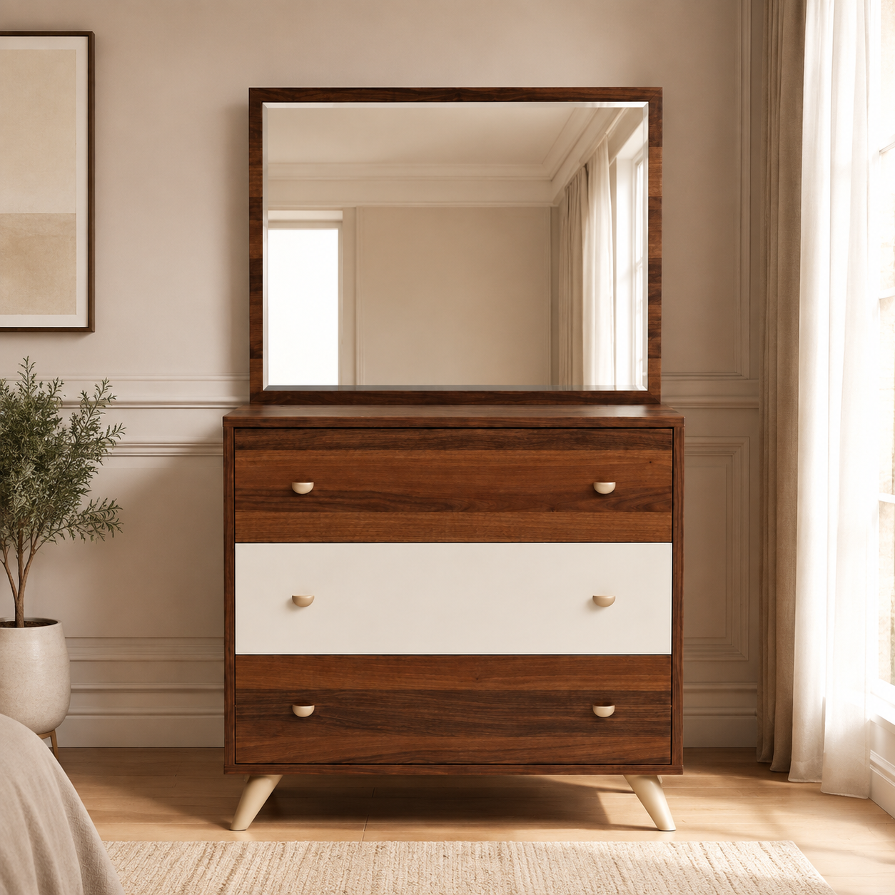 Modern Dressing Table with Large Rectangular Mirror, Three Wide Storage Drawers and Angled Wooden Legs in Brown and Cream Finish
