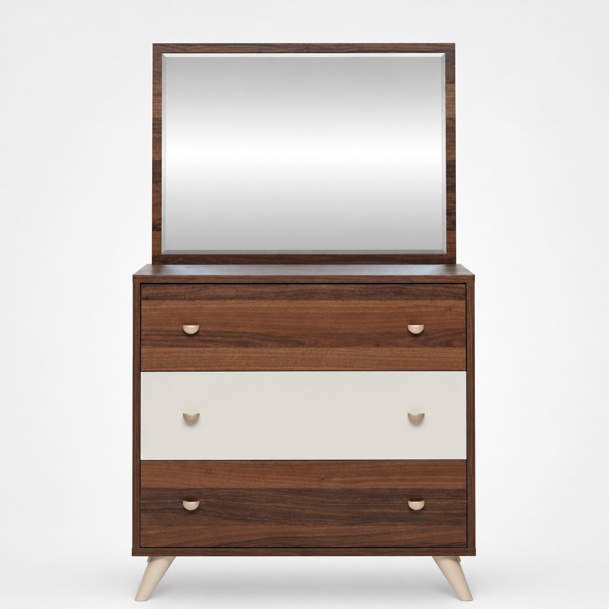 Modern Dressing Table with Large Rectangular Mirror, Three Wide Storage Drawers and Angled Wooden Legs in Brown and Cream Finish