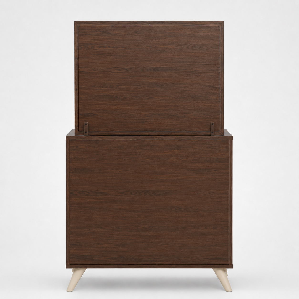 Modern Dressing Table with Large Rectangular Mirror, Three Wide Storage Drawers and Angled Wooden Legs in Brown and Cream Finish