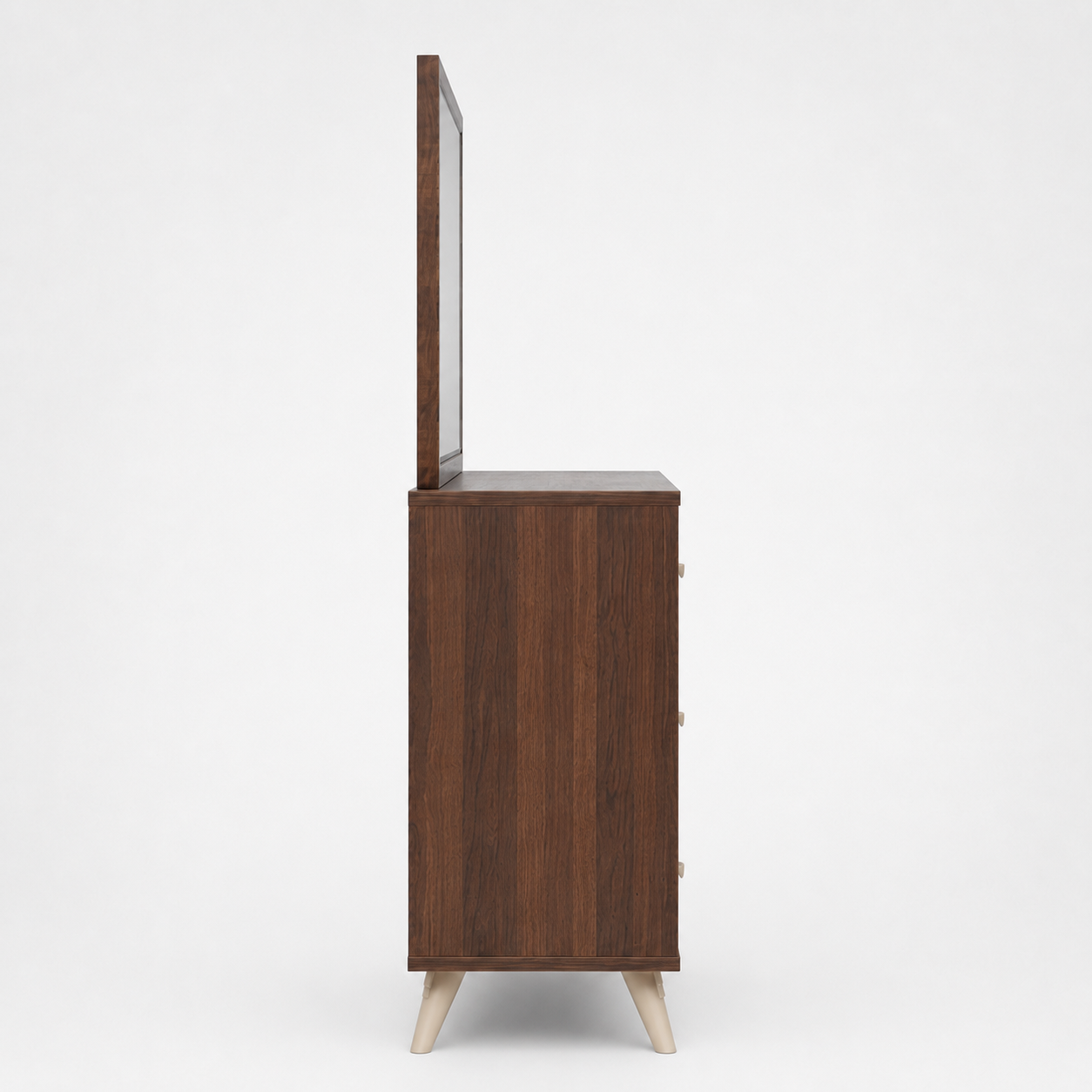 Modern Dressing Table with Large Rectangular Mirror, Three Wide Storage Drawers and Angled Wooden Legs in Brown and Cream Finish