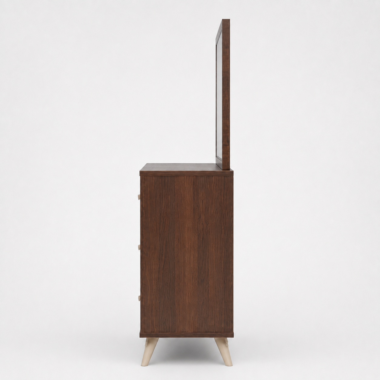Modern Dressing Table with Large Rectangular Mirror, Three Wide Storage Drawers and Angled Wooden Legs in Brown and Cream Finish