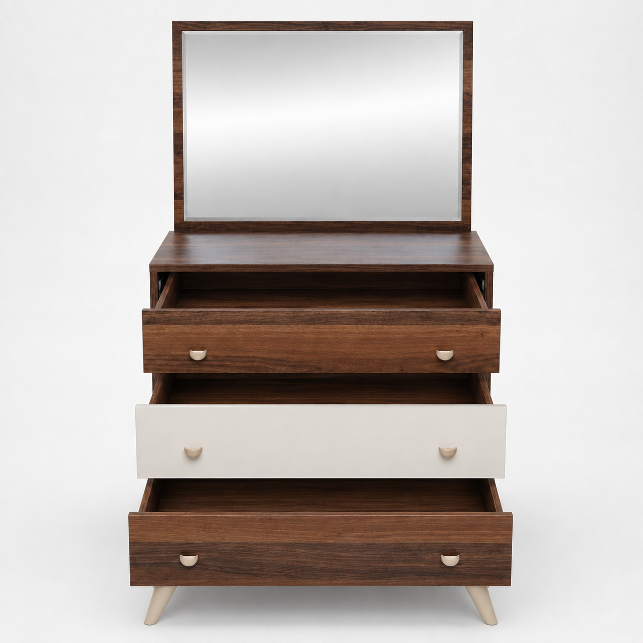Modern Dressing Table with Large Rectangular Mirror, Three Wide Storage Drawers and Angled Wooden Legs in Brown and Cream Finish