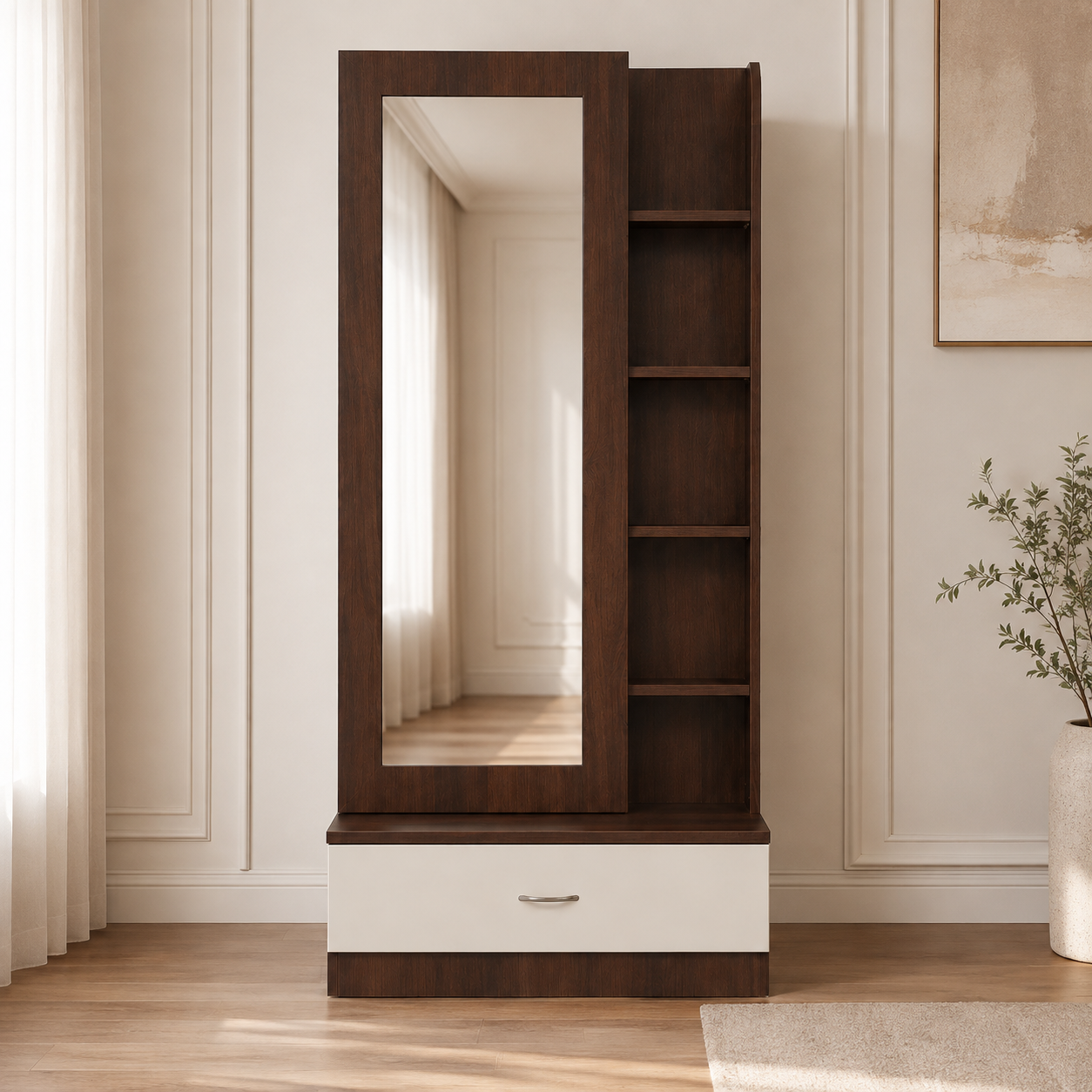 Modern Dressing Table with Full-Length Front Mirror, Five Open Side Shelves and Bottom Storage Drawer in Brown and White Finish