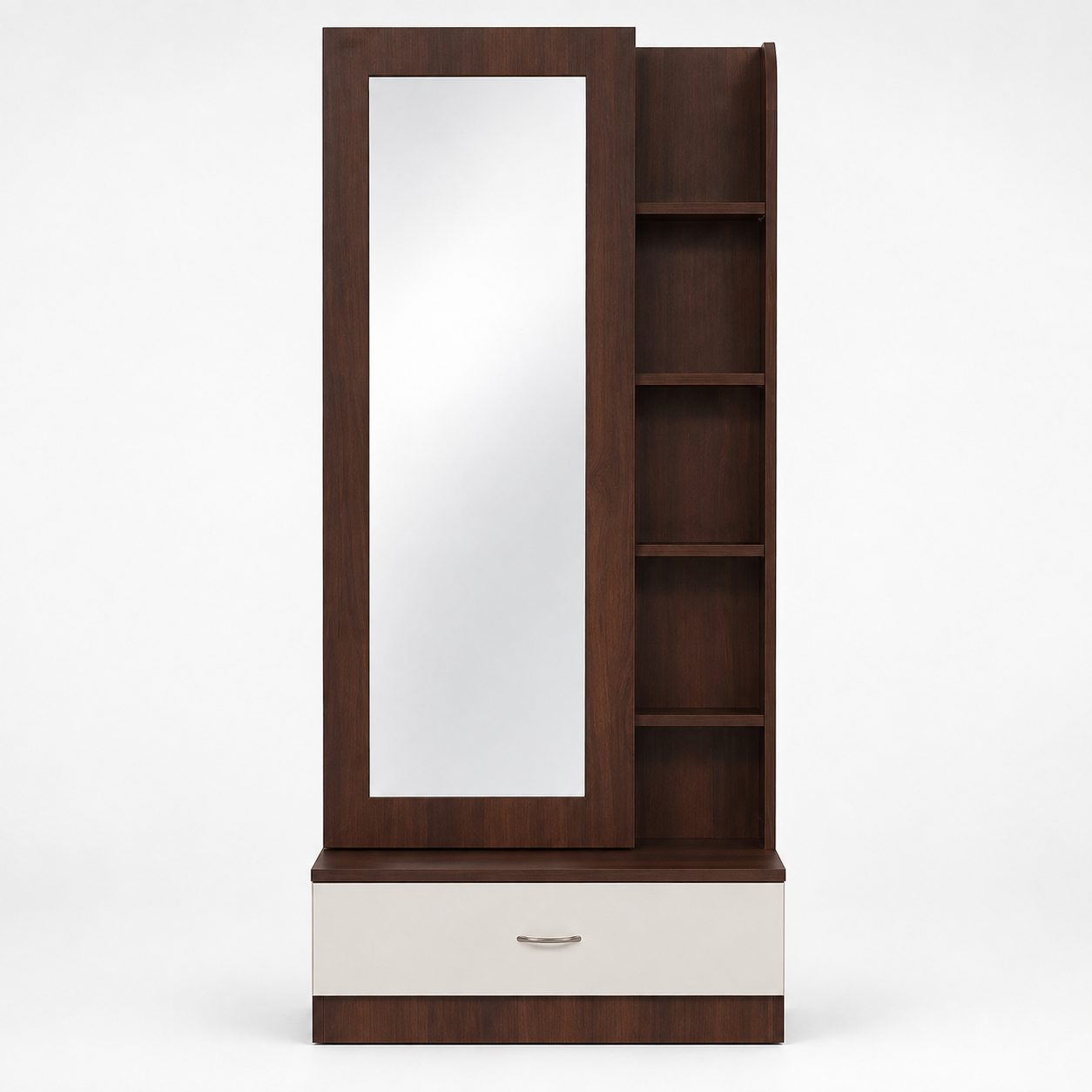 Modern Dressing Table with Full-Length Front Mirror, Five Open Side Shelves and Bottom Storage Drawer in Brown and White Finish
