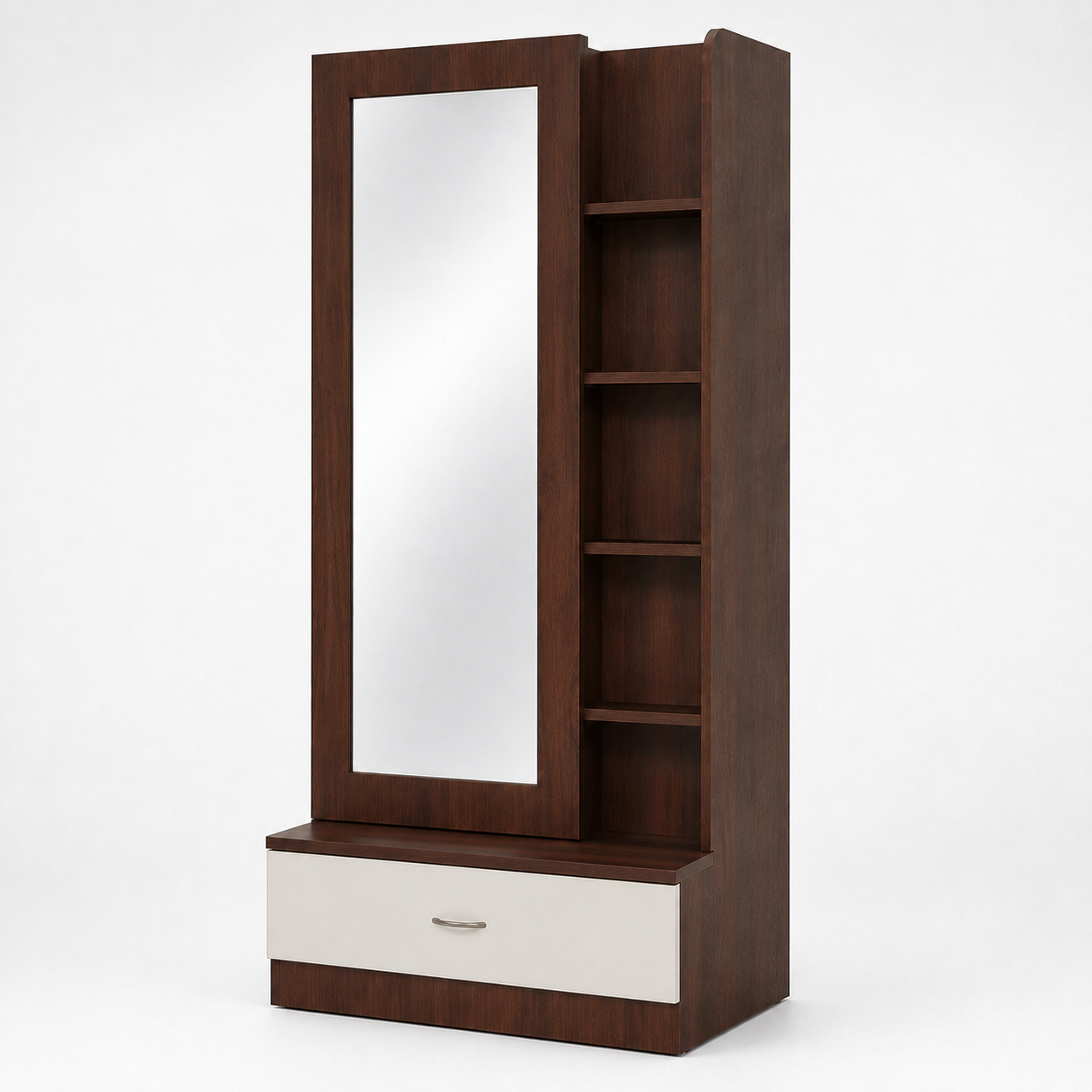 Modern Dressing Table with Full-Length Front Mirror, Five Open Side Shelves and Bottom Storage Drawer in Brown and White Finish