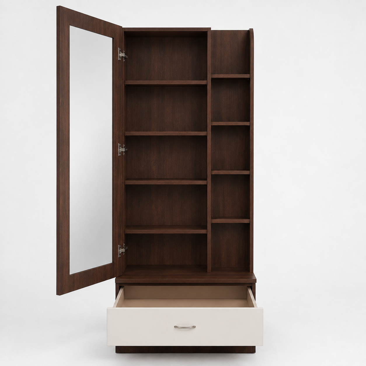 Modern Dressing Table with Full-Length Front Mirror, Five Open Side Shelves and Bottom Storage Drawer in Brown and White Finish