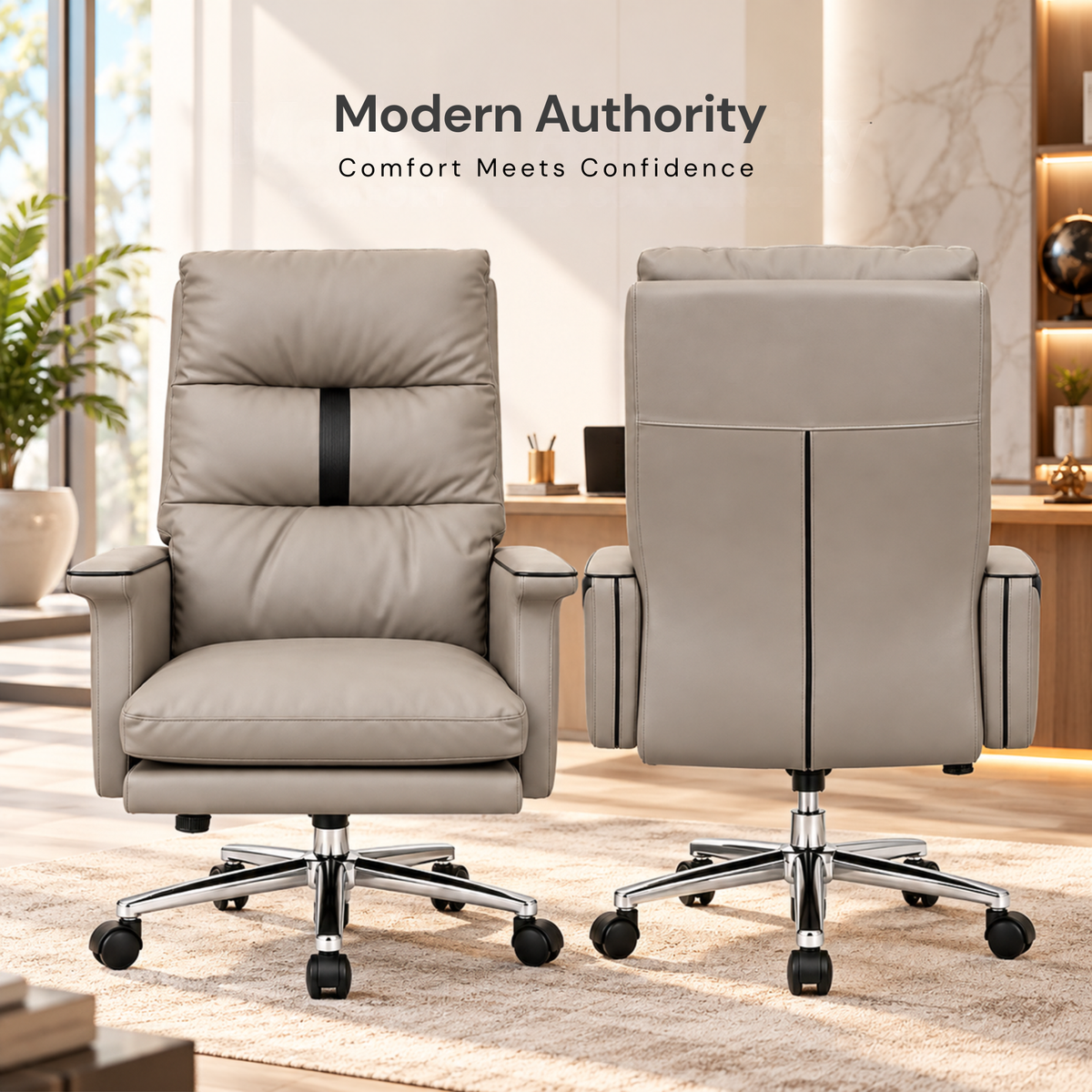 Luxury Leatherette Director High Back Office Chair with Recliner, Ergonomic Design, Chrome Base and Smooth Castors – Premium Brown Executive Chair