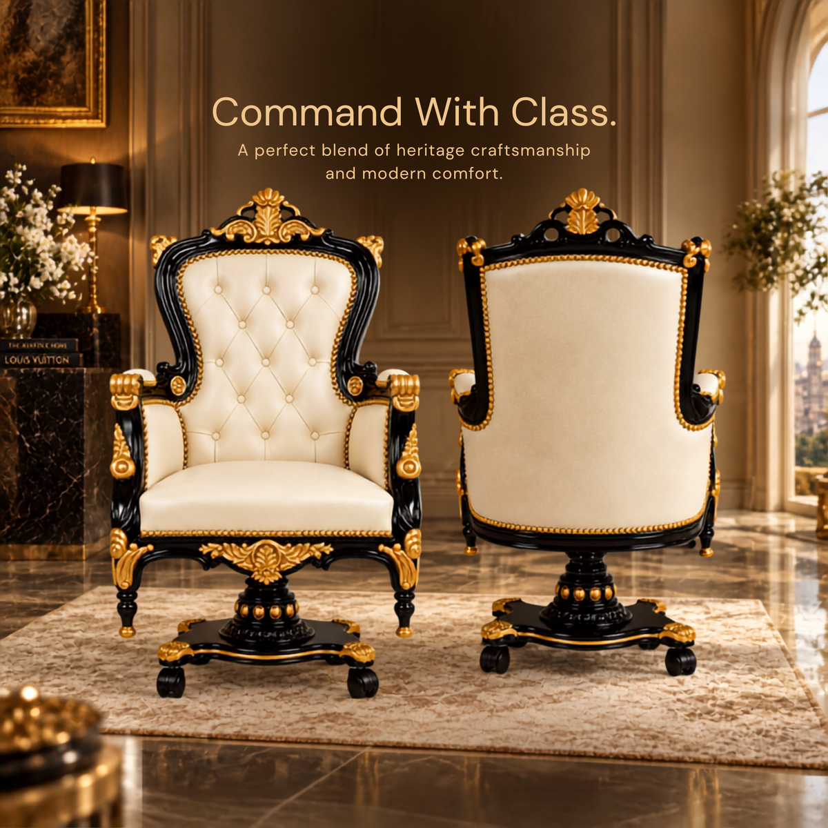 Luxury Royal Executive Office Chair with Tufted Upholstery, Hand-Carved Wooden Frame, High Back Swivel Chair for CEO Cabin & Home Office