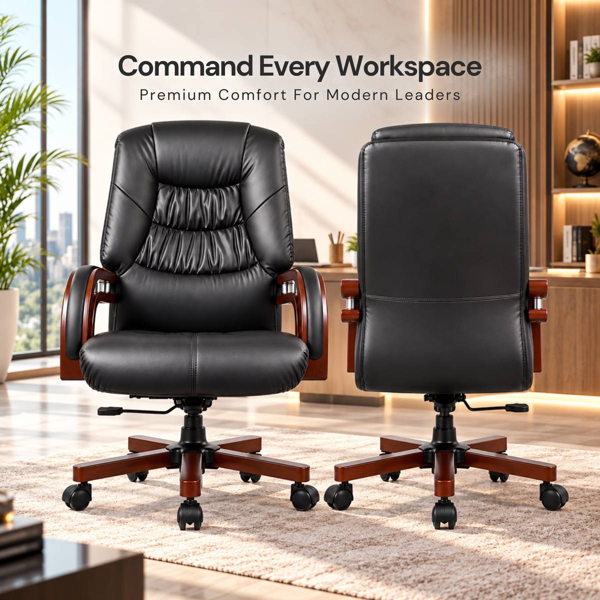 High Back Director Chair for office Made in Plyboard with Leatherette Upholstery & Armrest with wooden WheelBase & Revolving Chair -black