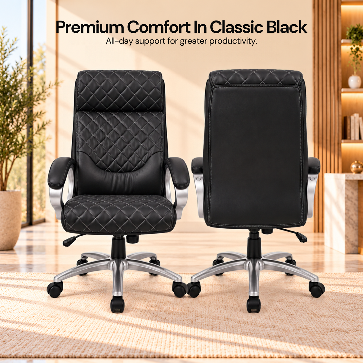 Luxury Executive Office Chair with Diamond Quilted High Backrest, Padded Headrest, Cushioned Armrests, Adjustable Height & Chrome Swivel Base