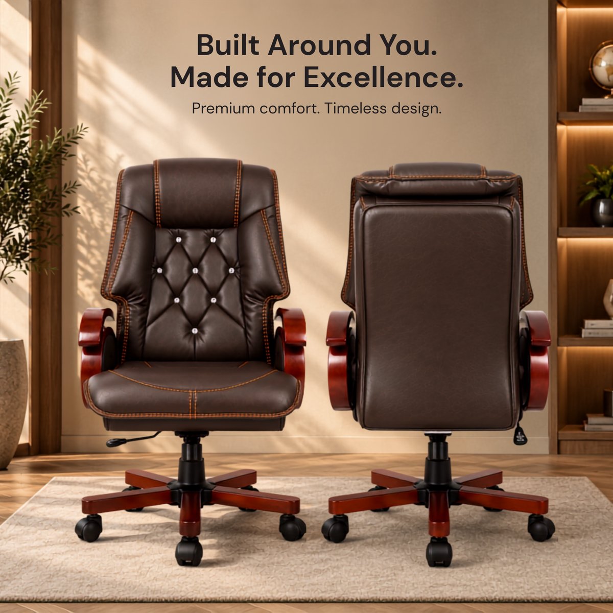 Premium High Back Leatherette Wooden Base & Handle Office Chair for Director & Executive | Revolving Recliner, Soft Heavy Cushion