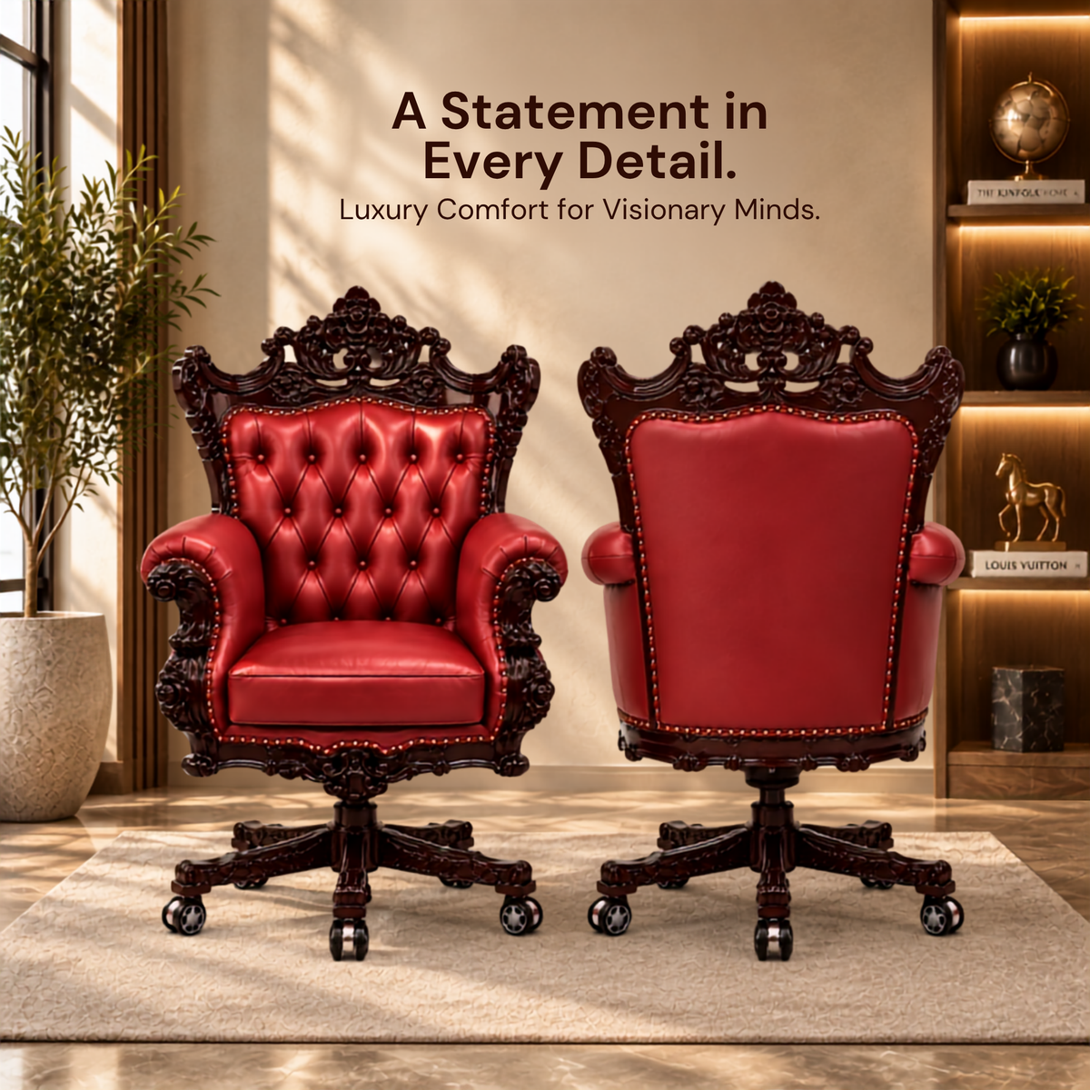 Design Hand Carved Teak Wood Adjustable Height 360D Swivel Button Tufted Office Armrest Chair