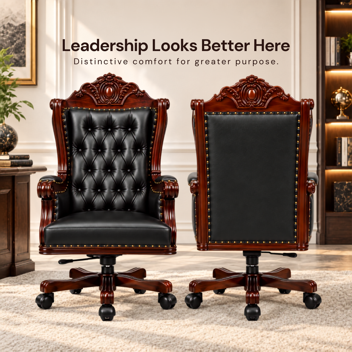 Director Chair Luxury High-Back Leatherette Office Chair with Adjustable Height, Fixed Armrests, Wooden Base, Premium Handcrafted Swivel Tilt Chair