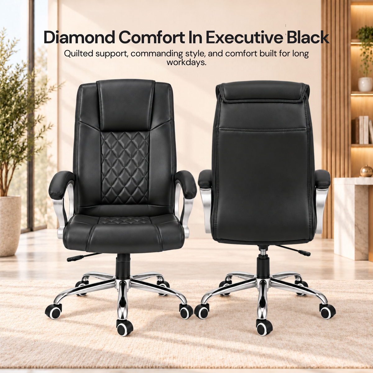 Modern Director Office Chair, Leatherette Upholstery with High Back and Powder-Coated Chrome Base
