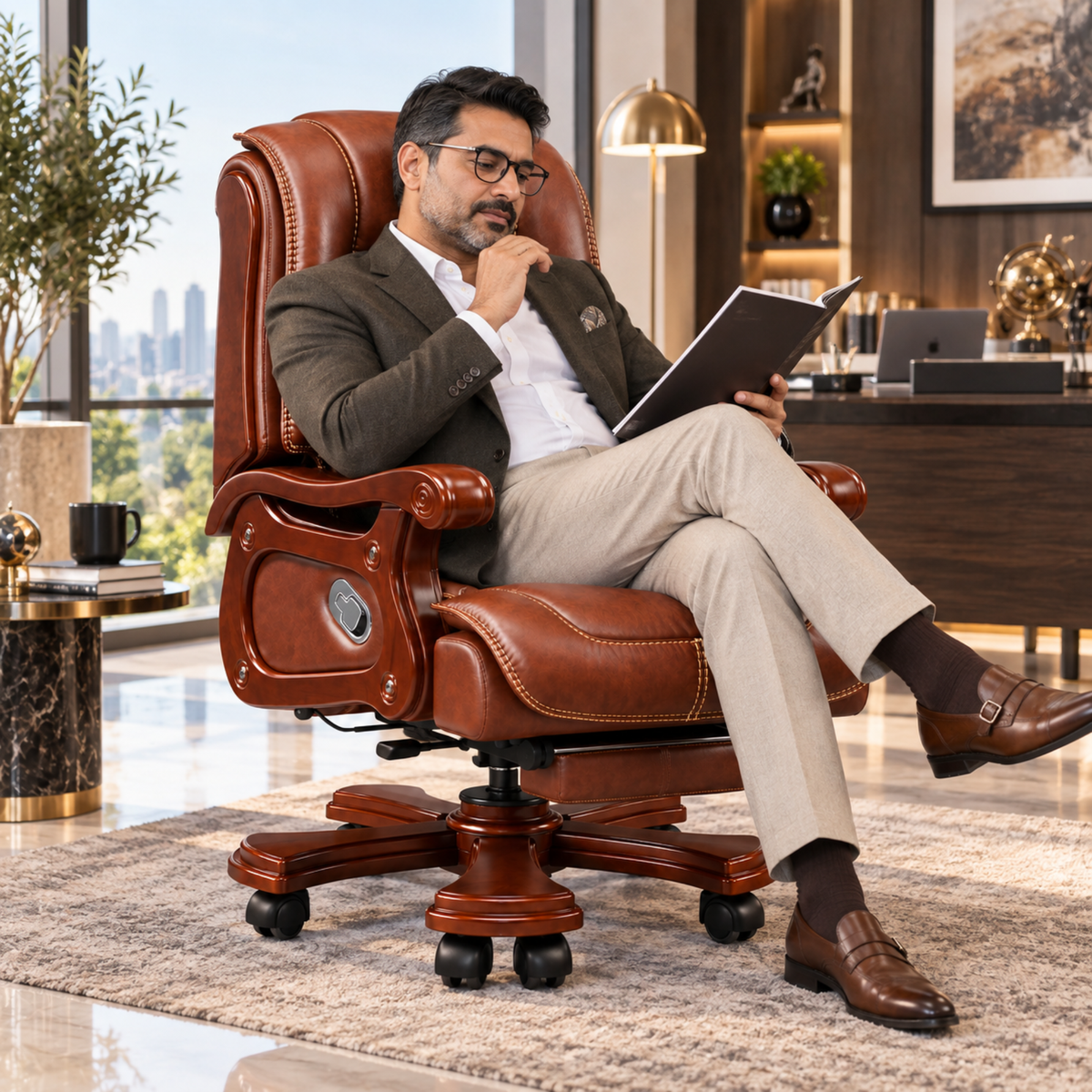 High Back Luxury Office Director Chair Made in Plyboard with Leatherette and High Density Foam & Recliner Feature and Double Wheel with wooden Polish