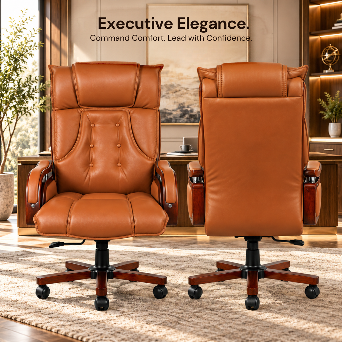 High Back Executive Chair for Office | Leatherette Upholstery with Wooden Base & Handle | Revolving Director Chair with Cushioned Seat & Headrest | Boss Chair Brown