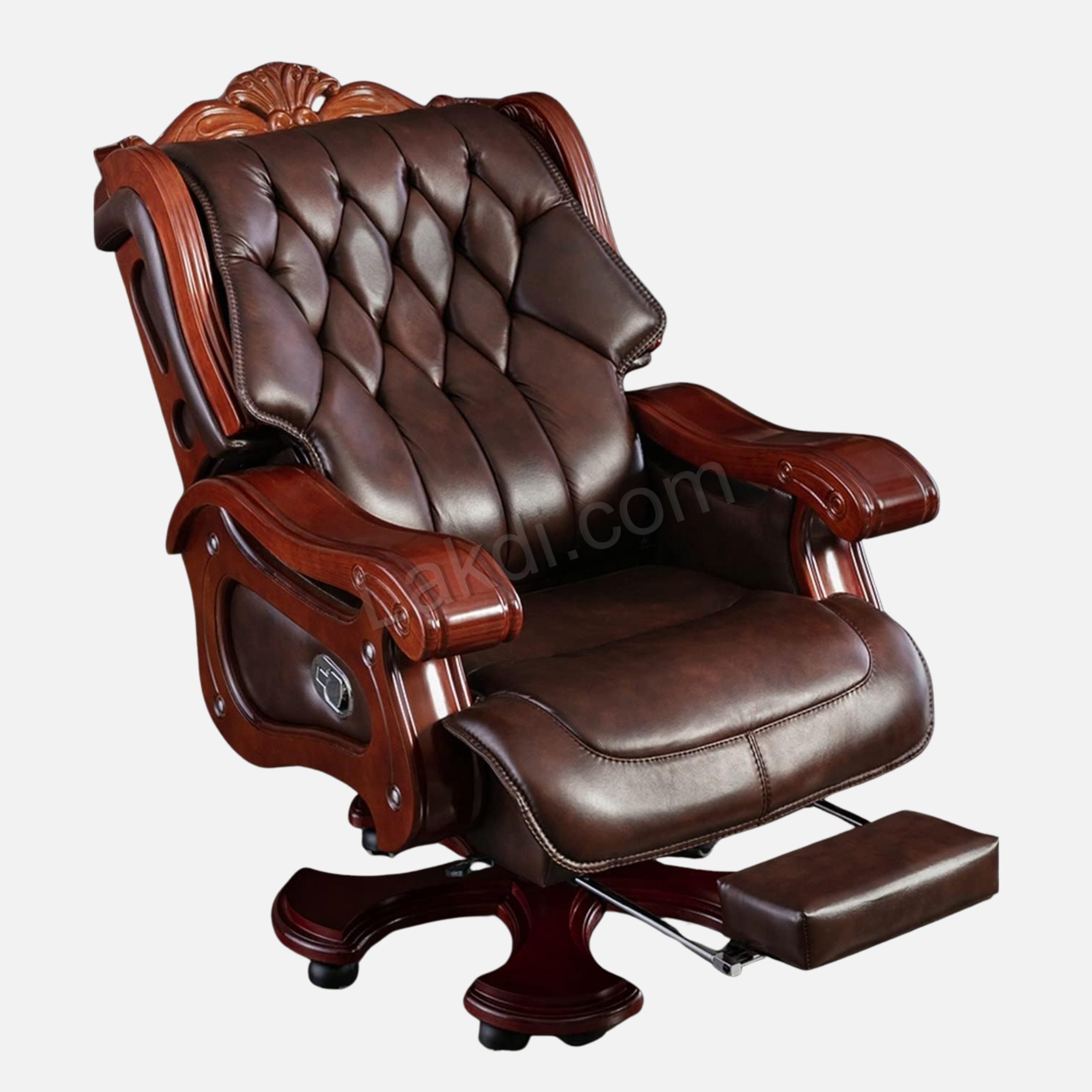 Luxury Office Director Chair Made in Teak wood with Pure Leather and Soft Padded - Armrest and Swivel Base and Polish, & 150° Reclining Office Seat -Brown