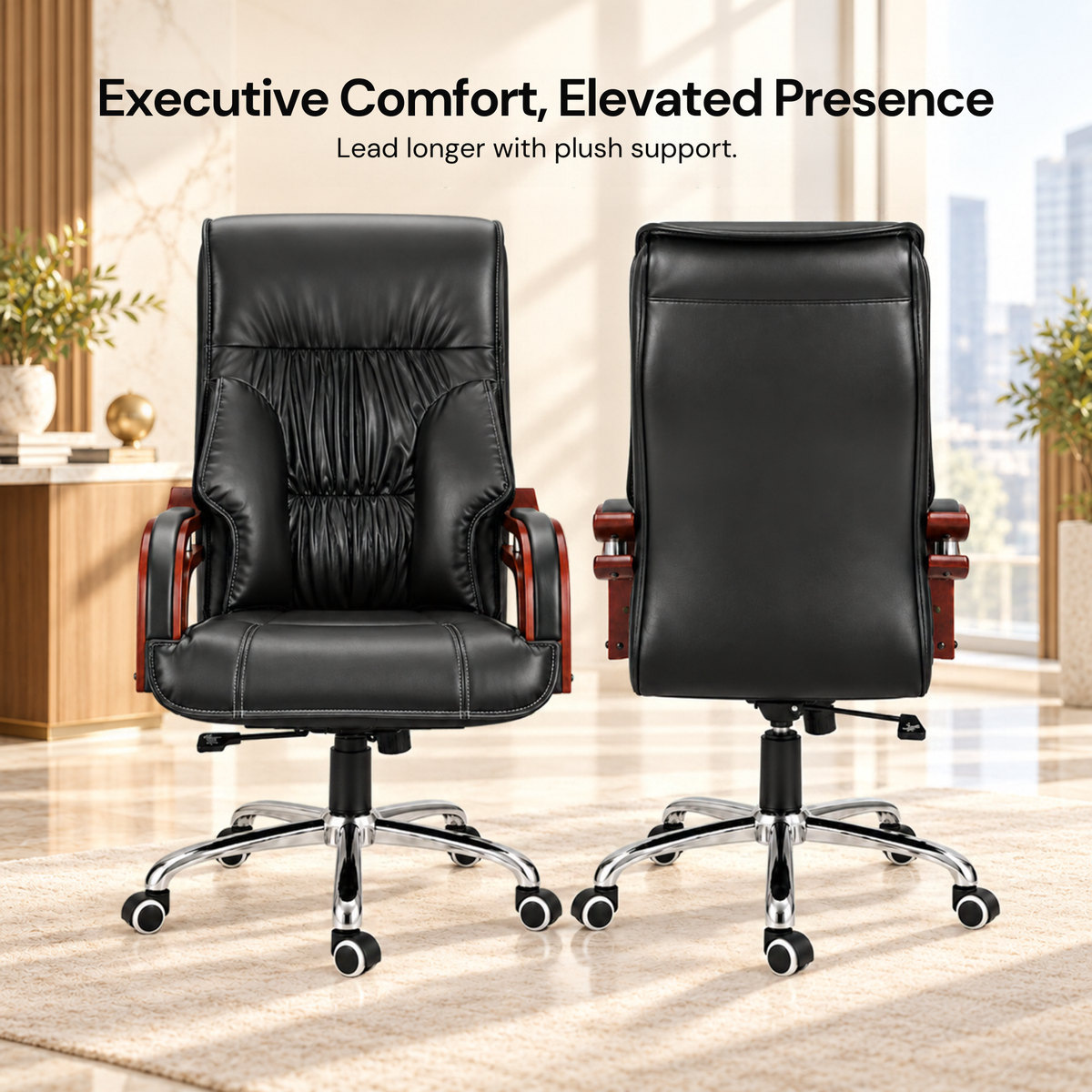 Luxury Boss Chair with High Back Leatherette Design and Stylish Chrome Base and Wooden Handle