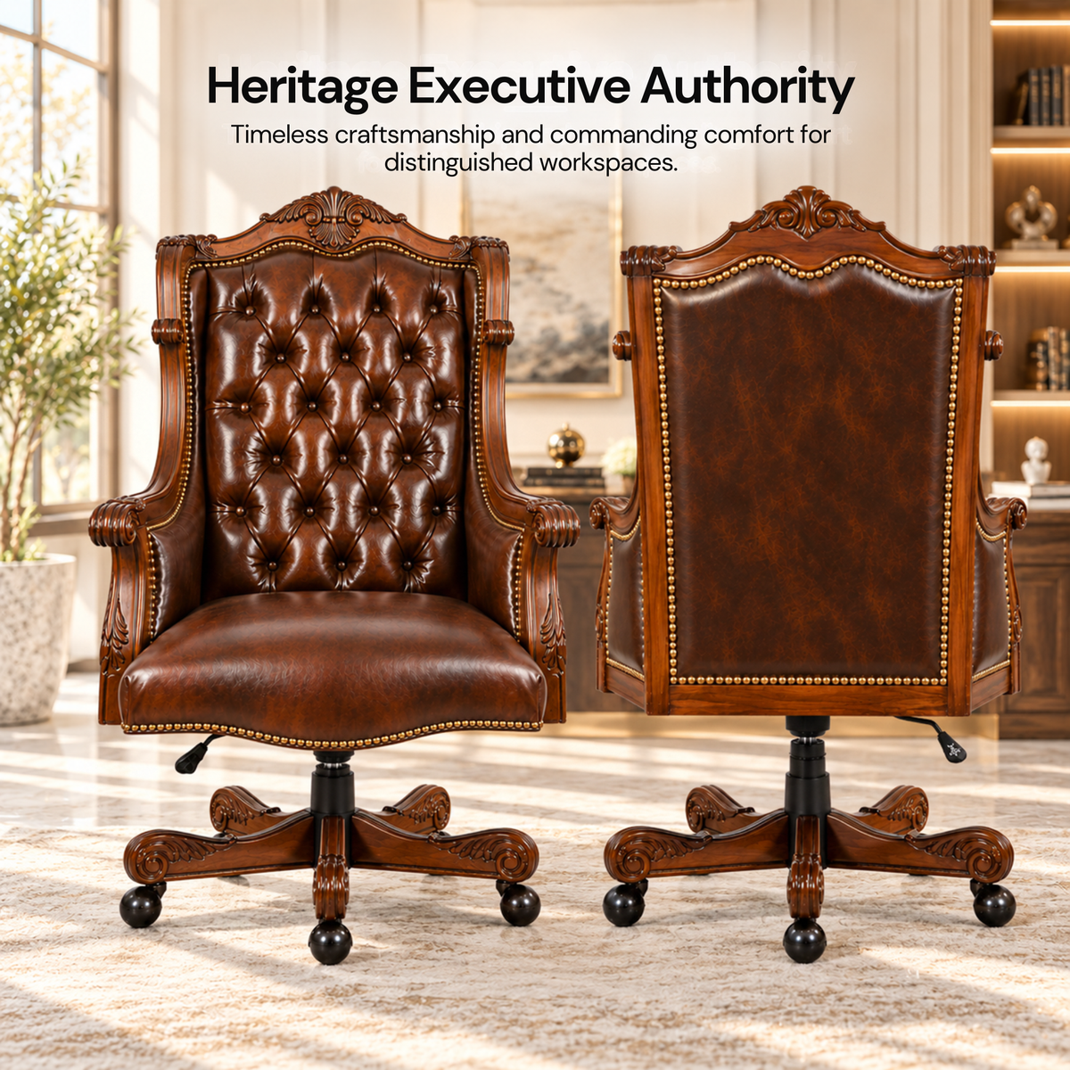 Luxury Design Boss and Director High-Back Leatherette Office Chair Swivel, Adjustable Height, Fixed Armrest, and for Wooden Base