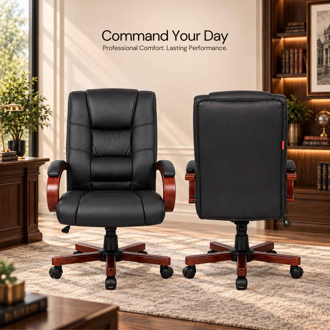Stylish Leatherette Director and Boss Office Chair with Wooden Handle and Base