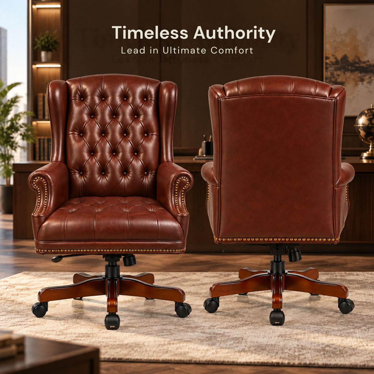 Luxury Wingback Swivel Chair with Wooden Base and Classic Tufted Style Director Desk Chair