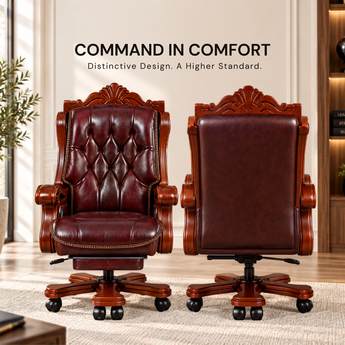 Luxury Office Director Chair Made in Teak wood with Leatherette and Soft Padded - Armrest and Swivel Base and Polish, 150° Reclining Office Seat -Brown