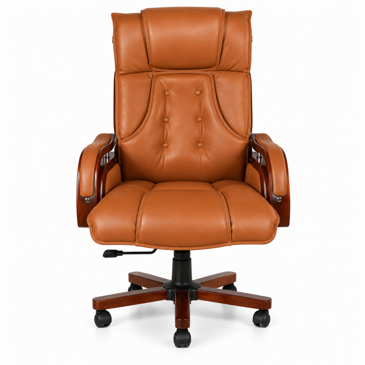 High Back Executive Chair for Office | Leatherette Upholstery with Wooden Base & Handle | Revolving Director Chair with Cushioned Seat & Headrest | Boss Chair Brown