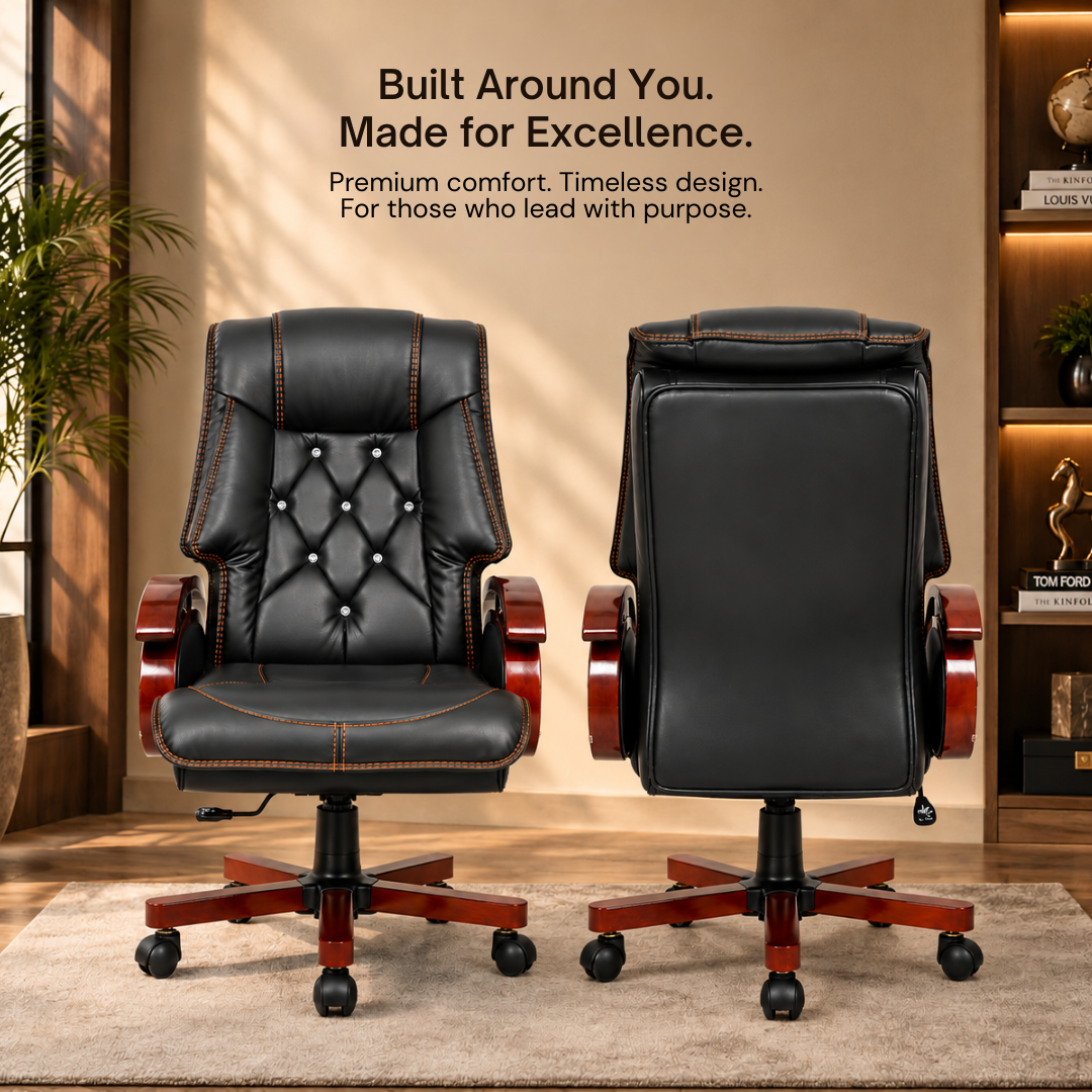 Premium High Back Leatherette Wooden Base & Handle Office Chair for Director & Executive | Revolving Recliner, Soft Heavy Cushion