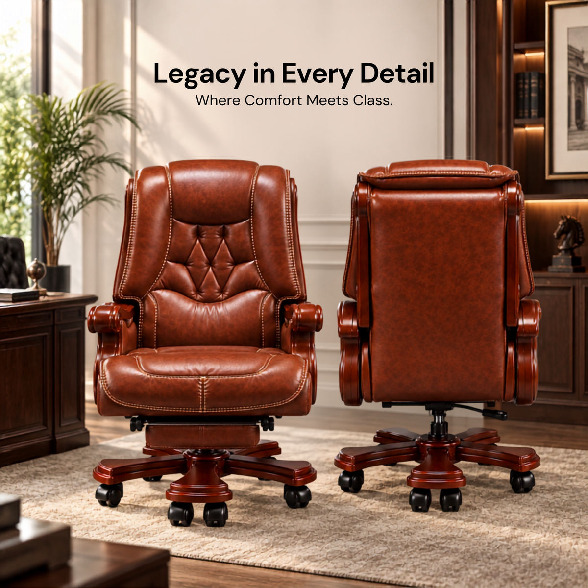 High Back Luxury Office Director Chair Made in Plyboard with Leatherette and High Density Foam & Recliner Feature and Double Wheel with wooden Polish