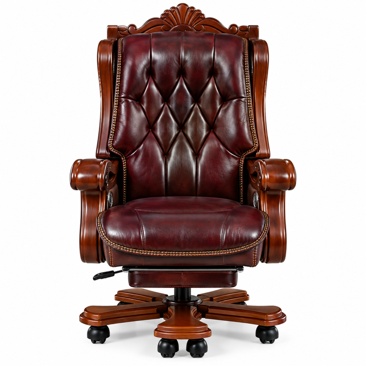 Luxury Office Director Chair Made in Teak wood with Leatherette and Soft Padded - Armrest and Swivel Base and Polish, 150° Reclining Office Seat -Brown