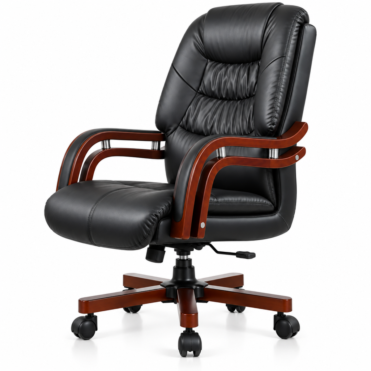 High Back Director Chair for office Made in Plyboard with Leatherette Upholstery & Armrest with wooden WheelBase & Revolving Chair -black