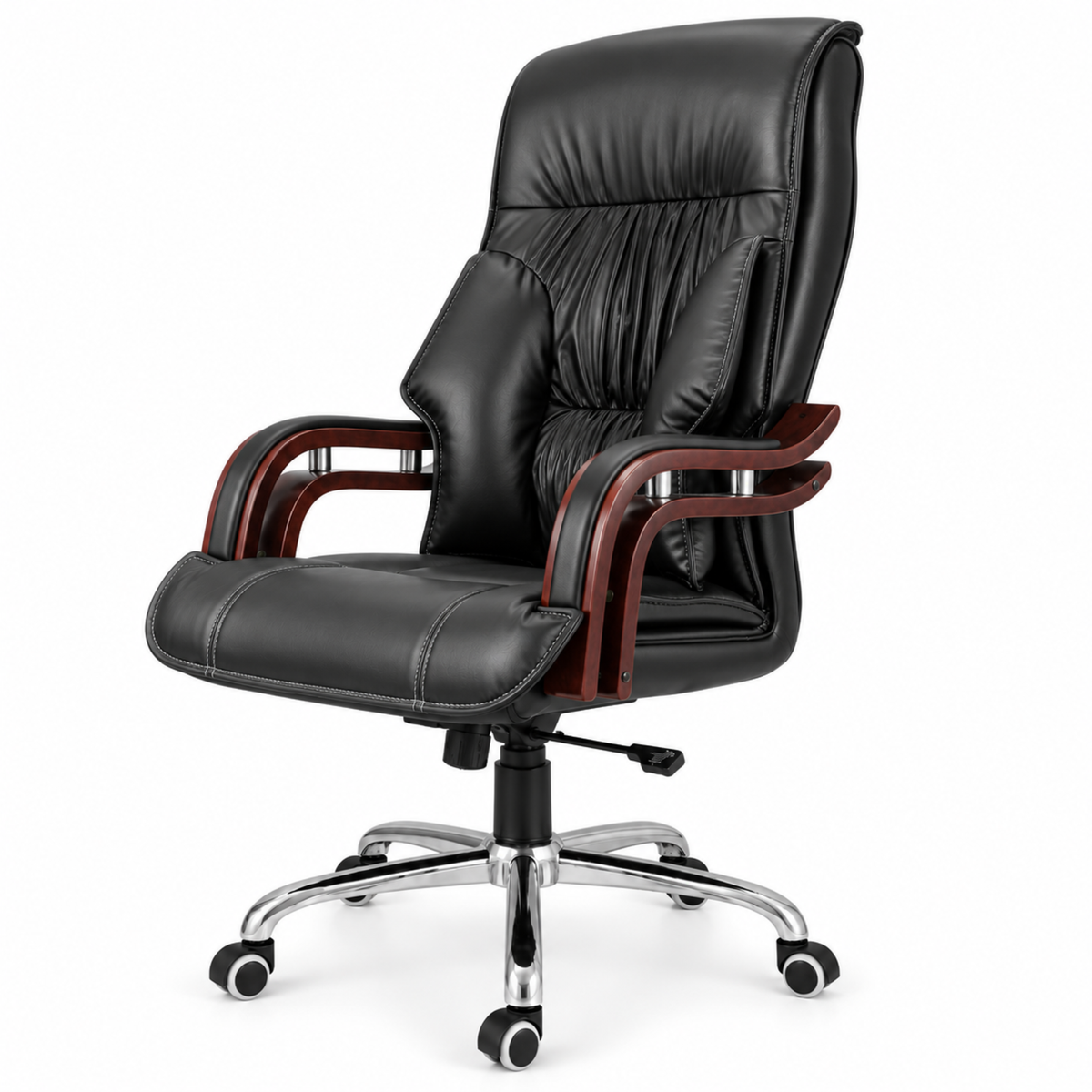 Luxury Boss Chair with High Back Leatherette Design and Stylish Chrome Base and Wooden Handle