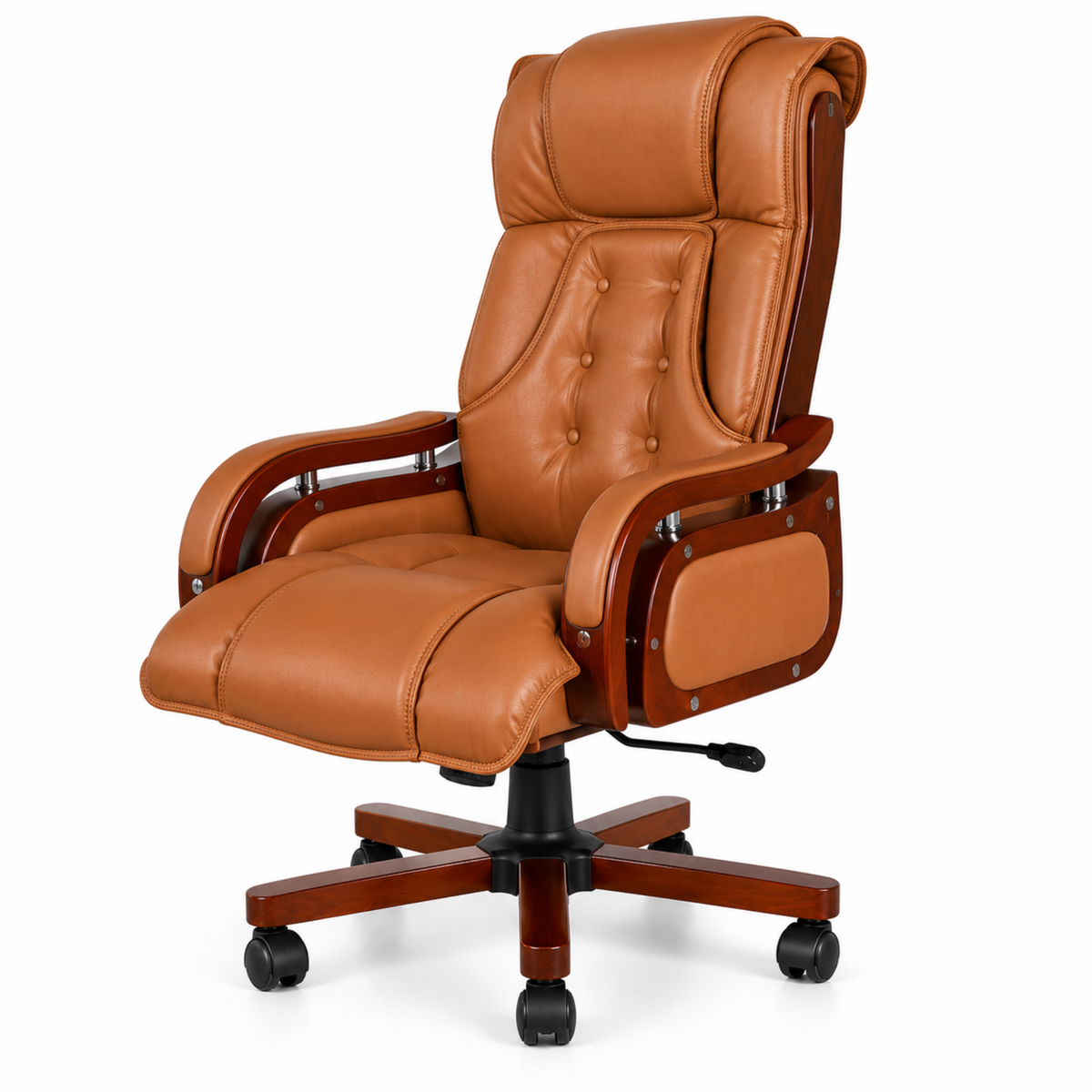 High Back Executive Chair for Office | Leatherette Upholstery with Wooden Base & Handle | Revolving Director Chair with Cushioned Seat & Headrest | Boss Chair Brown
