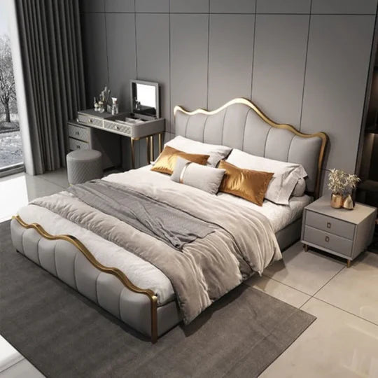 Luxury Curved King Size Bed with Storage,& Solid Wood Frame, Upholstered