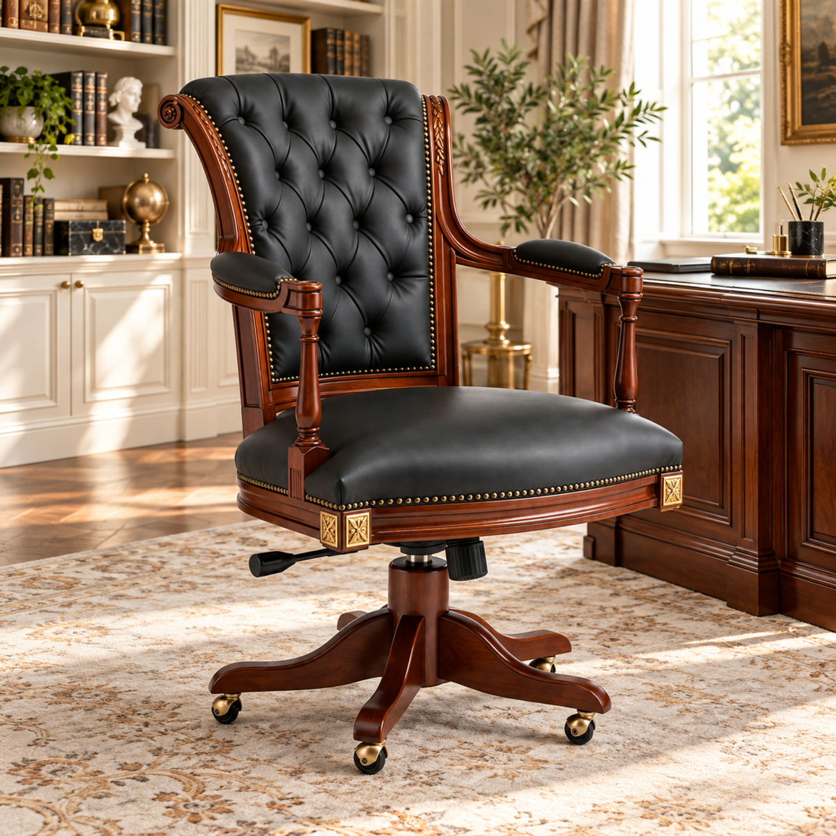 Director Arm chair Black Leatherette Wooden Frame and Base with Wheelable