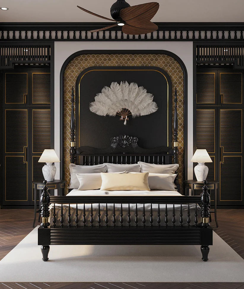Poster Bed Design in Matte Black Finish,Handcrafted Generational Quality, Available in King Size