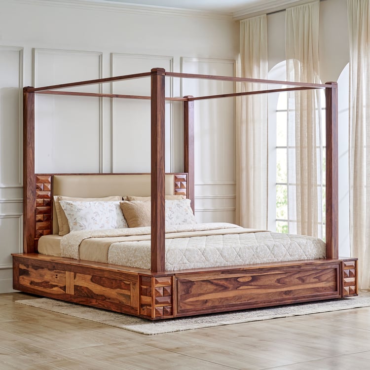 Queen Size Solid Sheesham Wood Poster Bed with Soft Headboard & without Storage