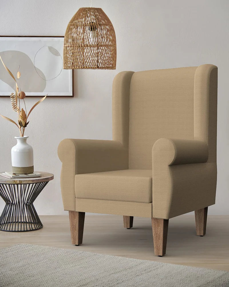 Lounge Chair For Living Room ,Comfortable Seating Modern Design Wing Chair, Upholstery Polyester and Teak Wood Legs With wooden Polish -Beige