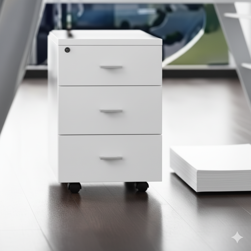 लॉक और पहियों वाले बेस के साथ लकड़ी का पेडस्टल दराज 