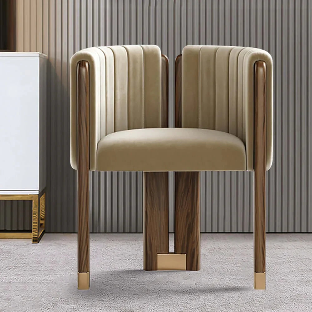 Luxury Modern  made in Teak wood with Velvet / Pure Leatherette Upholstered Arm Chair - Camel Color